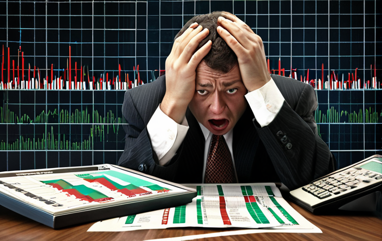 **
Prompt: A stressed investor during the 2008 stock market crash, selling assets in panic, surrounded by falling stock charts, reflecting fear and loss.
**