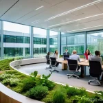 ESG 투자와 지속 가능성 - **Prompt:** A visually rich, wide-angle shot of a modern, eco-conscious corporate campus, bustling w...