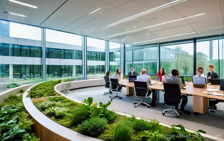 ESG 투자와 지속 가능성 - **Prompt:** A visually rich, wide-angle shot of a modern, eco-conscious corporate campus, bustling w...