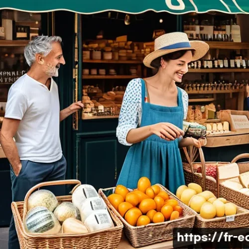 행태재정학과 소비자 심리 - A stylish French market scene in Paris during a sunny afternoon, showing diverse shoppers emotionall...