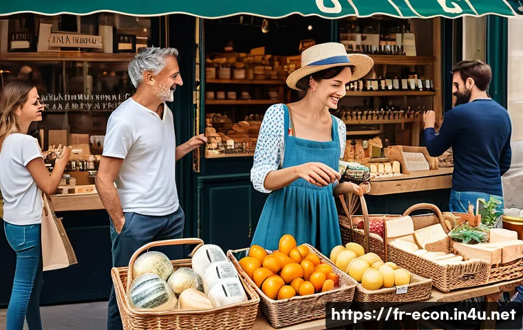 행태재정학과 소비자 심리 - A stylish French market scene in Paris during a sunny afternoon, showing diverse shoppers emotionall...