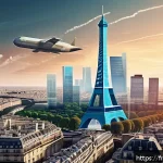 거시경제학 핵심 이론 - A detailed and realistic illustration of a French urban financial district during a dynamic economic...
