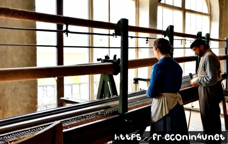 마르크스 경제사상 - Photorealistic 19th-century French textile workshop, a row of adult workers operating large mechanic...