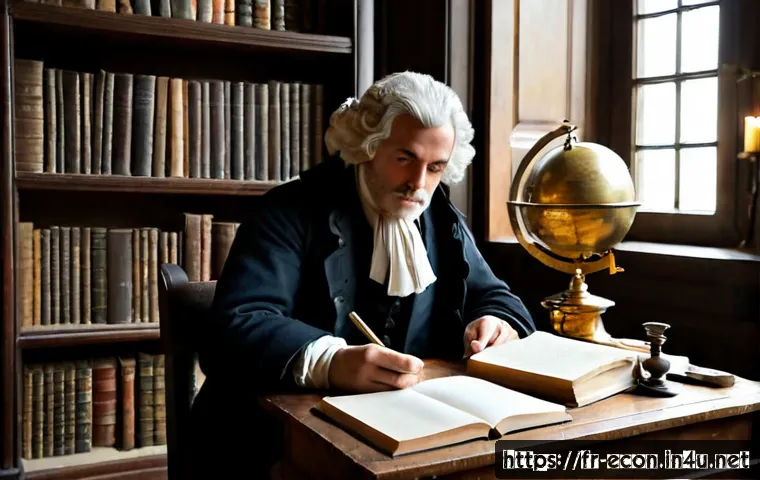 Home 17 애덤 스미스 국부론 - Photorealistic 18th-century European study inspired by classical economic thought, a thoughtful Scot...